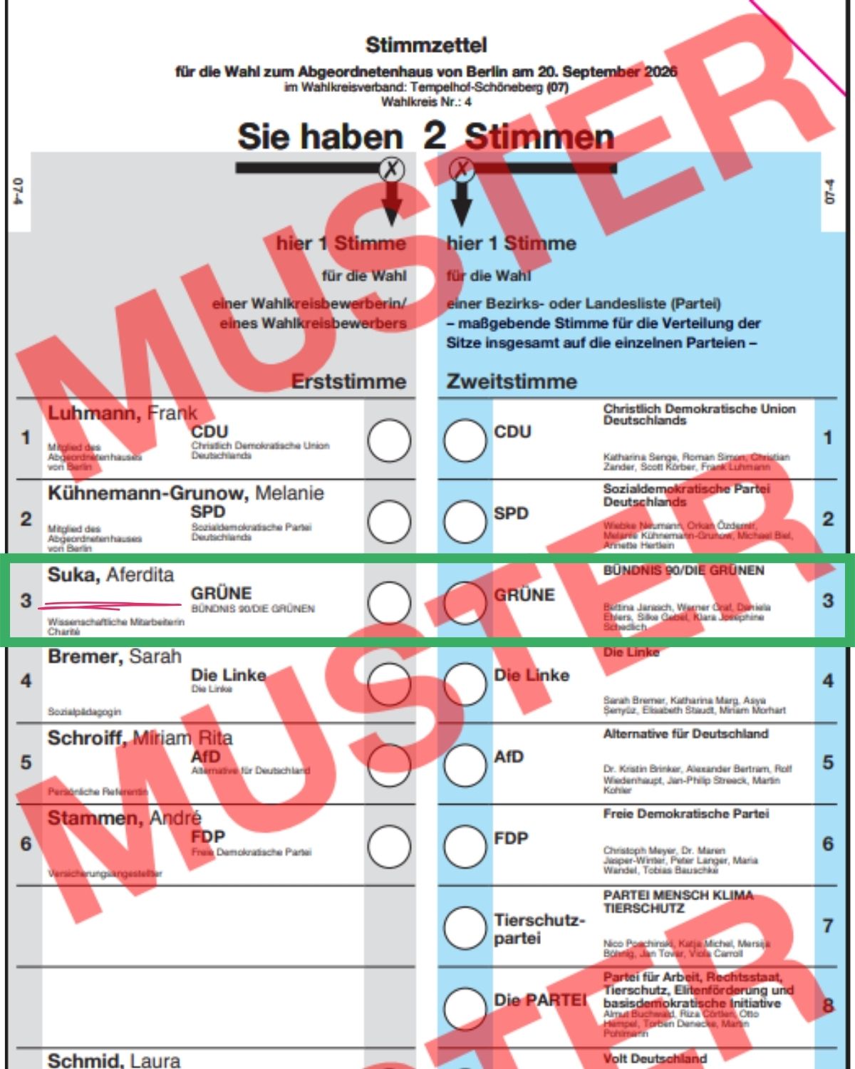Musterstimmzettel der Berlin-Wahl 2026 für den Wahlkreis Tempelhof-Schöneberg 4. Aferdita Suka von Bündnis 90/Die Grünen steht in der Erststimmen-Spalte in Zeile 3.